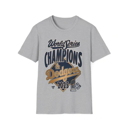 The Dodgers World Series 2025 Shirt features bold “World Series Champions Dodgers 2025” text, LA Dodgers logo, baseball diamond, trophy, and World Series logo in navy, gold, and white—ideal for fans of All-Time Baseball WAR Leaders Shirts.