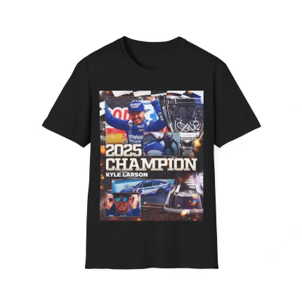Kyle Larson Championship Shirt with a collage of driver, trophy, and race car, highlighted by bold white and gold "2025 Champion Kyle Larson" text.