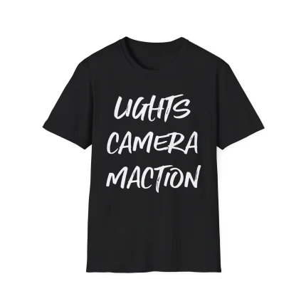 A black T-shirt featuring "LIGHTS CAMERA MACTION" in bold, white handwritten letters—perfect for fans of statement tees like the Straight Outta Water Shirt (Copy).