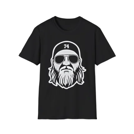 Nick Mangold A True Jet 74 Shirt—black tee with a white graphic of a bearded man in sunglasses and a hat displaying "74.