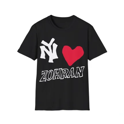 Black NY Loves Zohran Shirt: Features bold white "NY" and "ZOHRAN" text separated by a big red heart—a stylish design reminiscent of the Yoshinobu Yamamoto MVP shirt.
