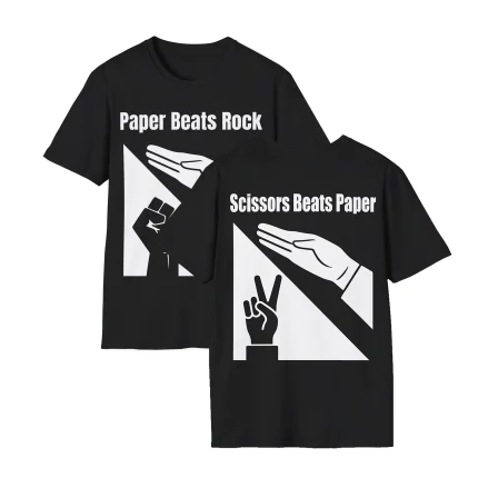 Two black tees with white graphics: one says Paper Beats Rock with a paper hand over a fist; the other, the Scissors Beats Paper Shirt, shows scissors hand under a paper hand.