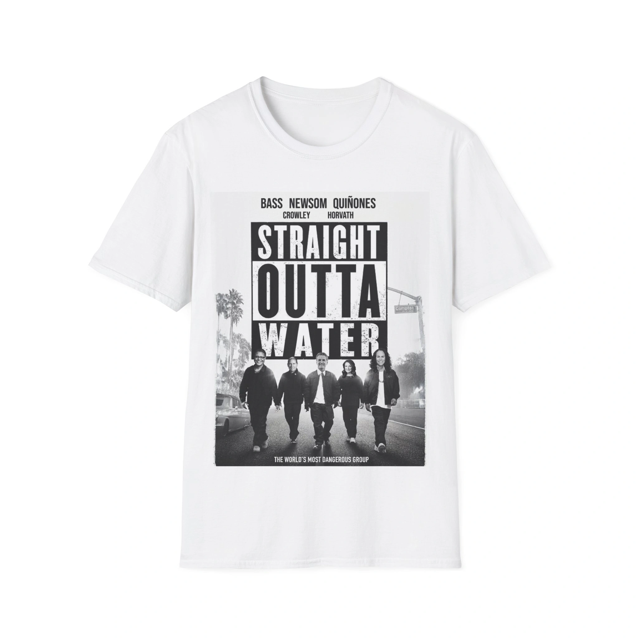 The Straight Outta Water Shirt is a white tee with a black-and-white image of five people walking on a street and bold STRAIGHT OUTTA WATER text—an iconic look for fans. The Straight Outta Water Shirt is a white tee with a black-and-white image of five people walking on a street and bold STRAIGHT OUTTA WATER text—an iconic look for fans.
