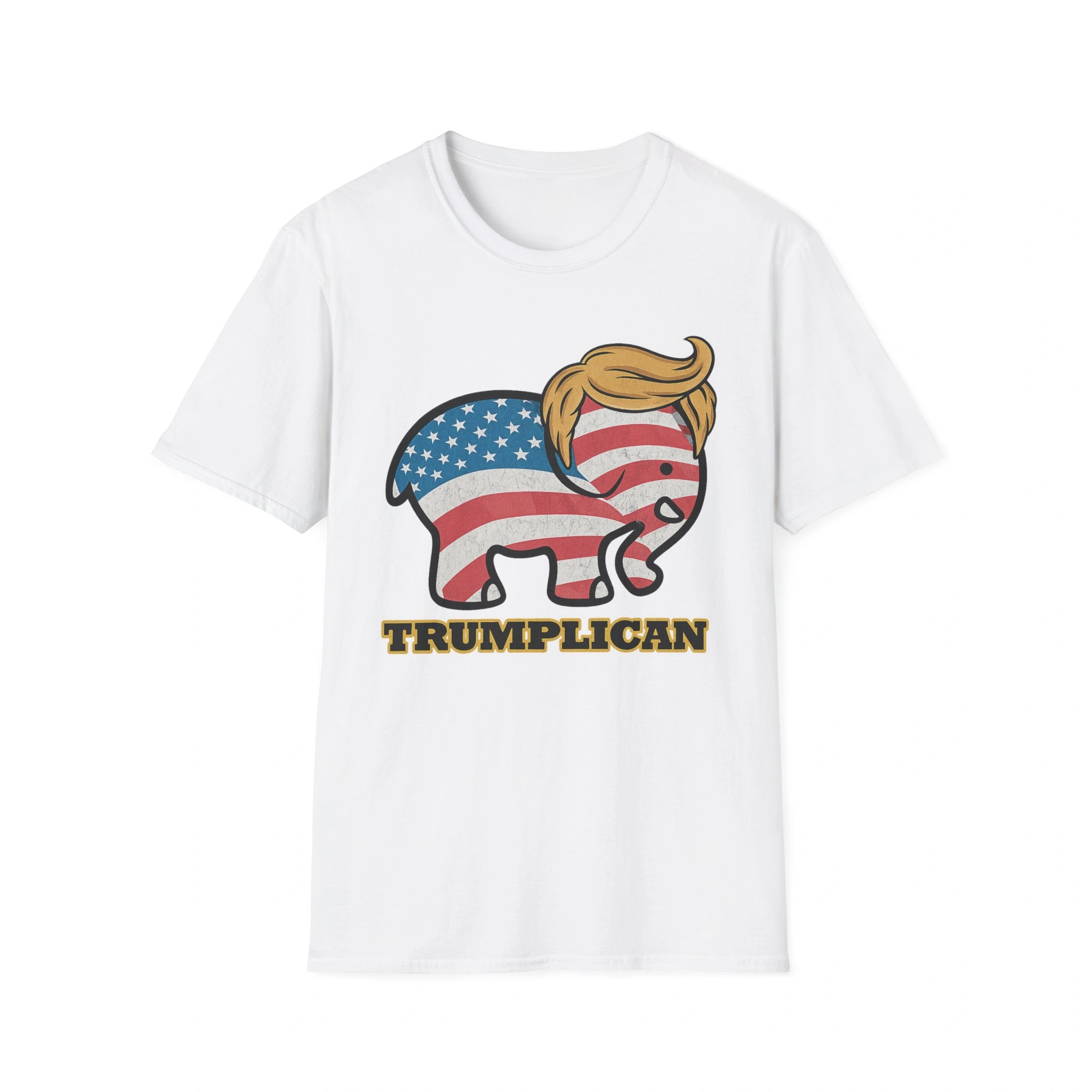 trumplican-shirt The Trumplican Shirt is a white tee with a cartoon elephant sporting an American flag pattern and yellow Trump-style hair above "TRUMPLICAN" in bold—a playful choice for those who loved the Cherie Berry Lifts Me Up Shirt.