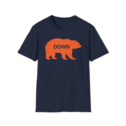 The Walking Bear Down Shirt is a navy blue tee featuring an orange bear silhouette with the word "DOWN" inside the bear.