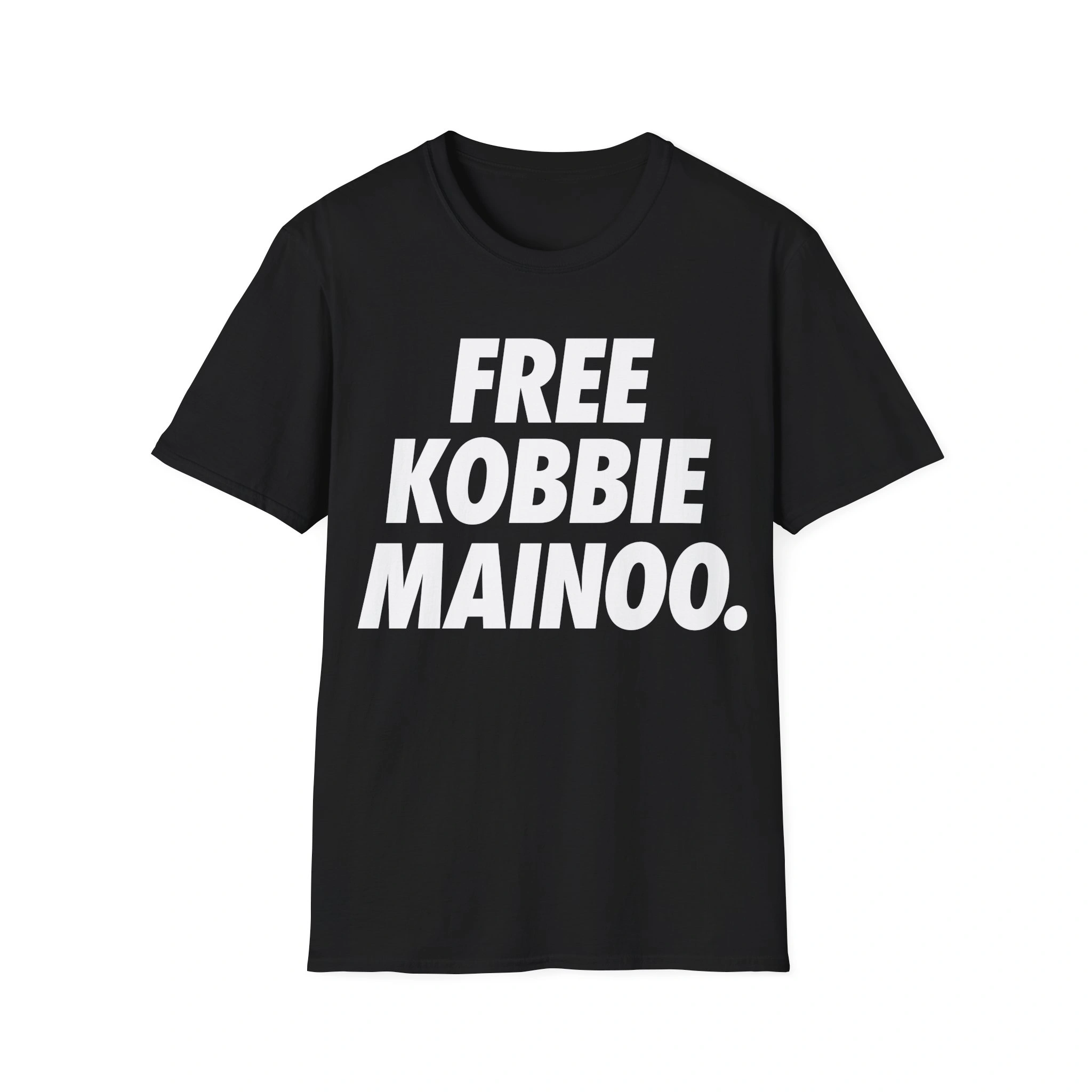 free-kobbie-mainoo-shirt The Free Kobbie Mainoo Shirt is a black tee with bold white "FREE KOBBIE MAINOO" text on the chest—ideal for fans of statement shirts like the Tulane vs No Lane Shirt.