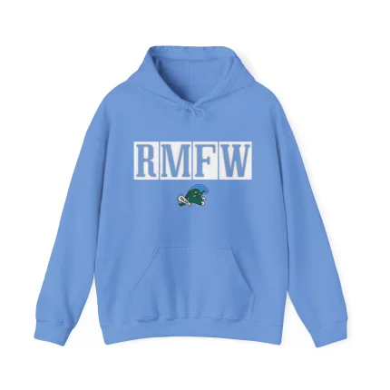 The Jon Sumrall RMFW Hoodie is a light blue hoodie with RMFW in large white letters over a green wave mascot holding a baseball bat. It features a front pocket, drawstrings, and is perfect for Cat Dad Club Shirt fans.