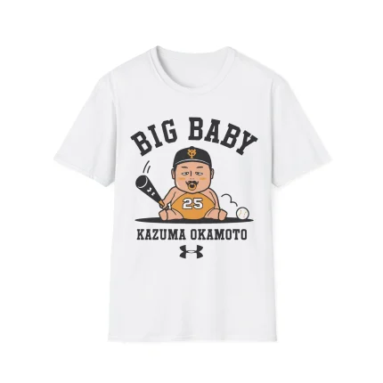 Big Baby Kazuma Okamoto Shirt: White tee with a cartoon baseball player in an orange "25" jersey. "BIG BABY" is above, "KAZUMA OKAMOTO" and the Under Armour logo below. A must-have for fans!.