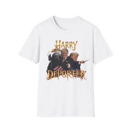 Harry Deporter Shirt: White tee with a Harry Potter-inspired design featuring a suited man labeled "Harry Deporter" holding a wand and another figure in a helmet labeled "ICE," finished with gold lettering.