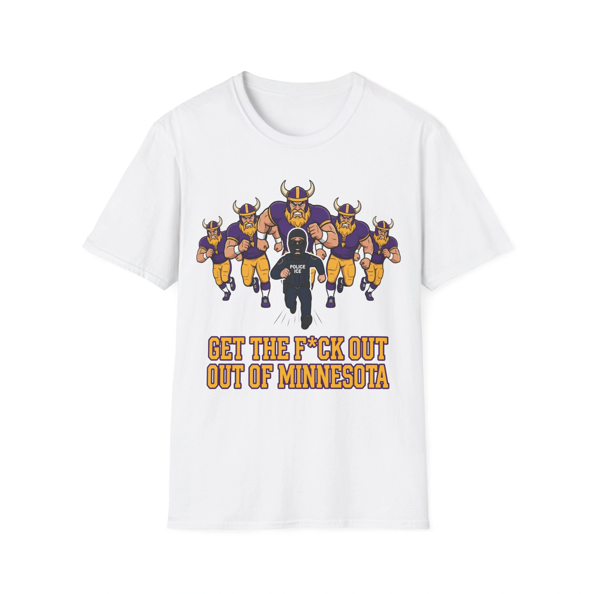 ice-get-the-fuck-out-of-minnesota-shirt The ICE Get The F*ck Out Of Minnesota Shirt features cartoon football players in purple and gold chasing a referee, with bold orange text beneath. Show your spirit with this standout tee!.
