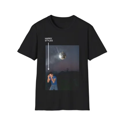 Black T-shirt with a photo of a person covering their face under a disco ball at night, featuring an arrow pointing to the disco ball with "Kiss All The Time. Disco, Occasionally"—a bold choice for statement shirt lovers.