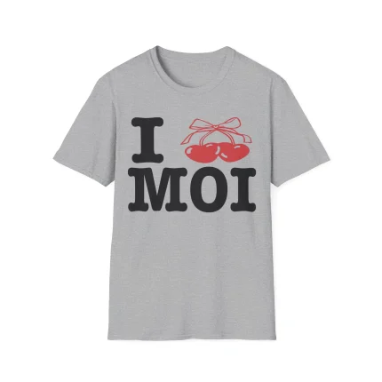 A light gray I Love Moi Shirt featuring "I MOI" in bold black letters, with the "O" replaced by two red cherries tied together with a bow.