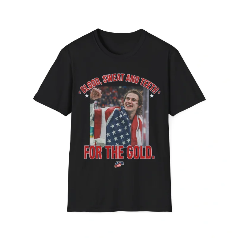 Black T-shirt featuring a photo of Jack Hughes, inspired by bold designs like the Sam Darnold Middle Finger Shirt. Text above: “BLOOD, SWEAT AND TEETH,” below: “FOR THE GOLD.” Product name: Jack Hughes Bloody Shirt.