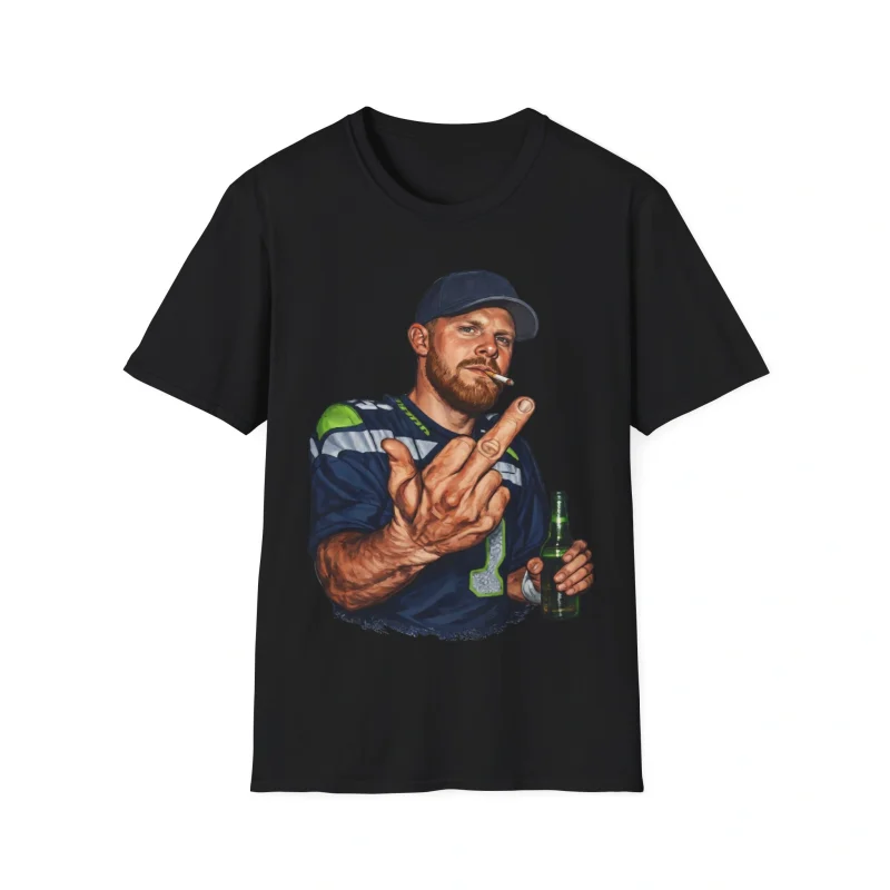 The Sam Darnold Middle Finger Shirt is a black tee featuring a bold illustration of a man in a cap and jersey, beer in hand, raising his middle finger defiantly.